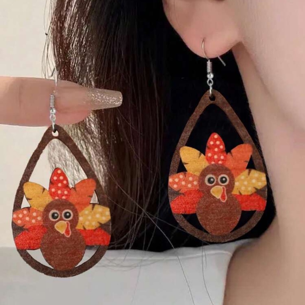 Wooden Vintage Thanksgiving Turkey Cutout Teardrop Dangle Earrings.